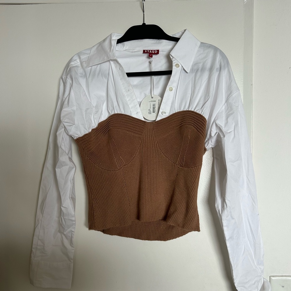 STAUD White Blouse with Brown Ribbed Overlay